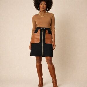 Tracy Reese 70s style Faux Leather Pocket Black and Brown Skirt Size 12